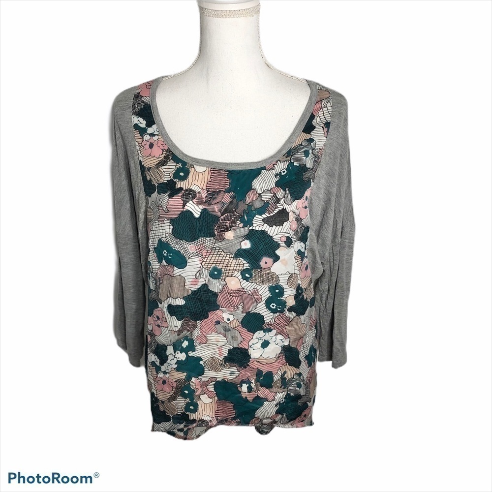 Maude Floral High Low Top XL Gray Green Pink Blouse Shirt Women’s